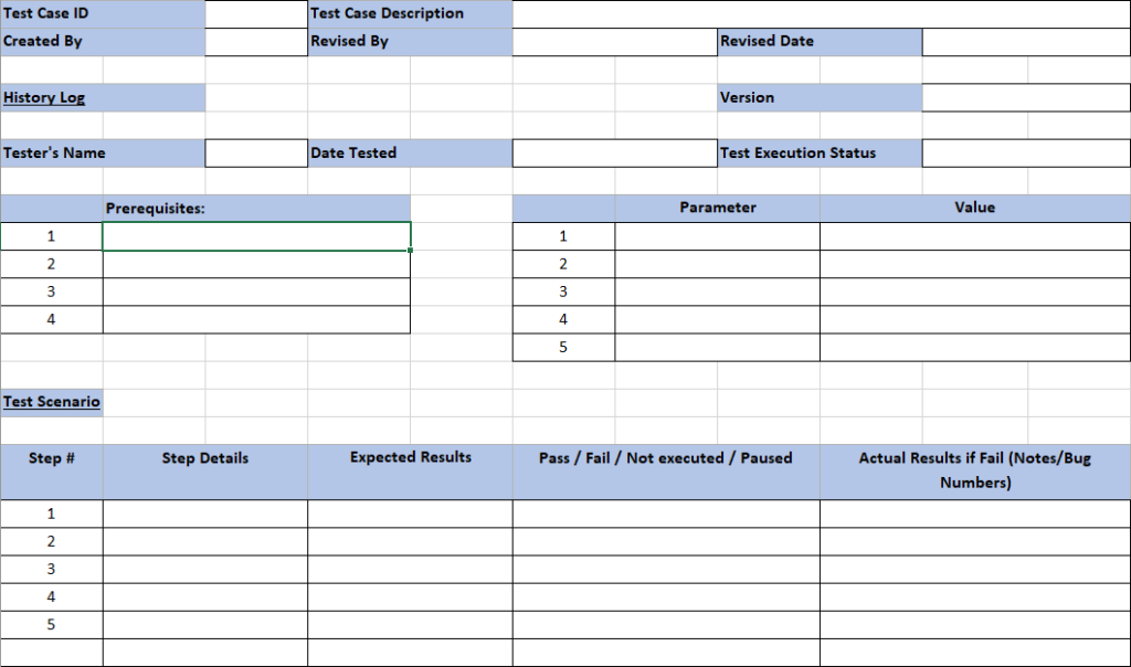 View of a Test Case Template ready to be filled out.