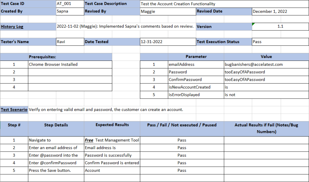 Example of a populated Free Test Case Template in Excel.